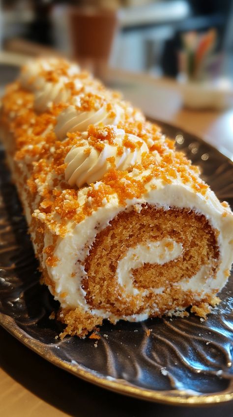 Carrot Cake Roll with Cream Cheese Carrot Cake Roll With Cream Cheese, Easter Cake Roll With Cream Cheese, Carrot Cake Roll Cream Cheese Frosting, Carrot Cake Roll Recipe Easy, Carrot Cake Roll With Cream Cheese Filling, Carrot Cake Log Roll, Carrot Cake Roll Recipe, Carrot Cake Roll, Spiced Carrot Cake