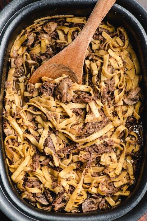 Beefy Noodles Crockpot, Crock Pot Beef And Noodles Crockpot, Slow Cooker Beef And Noodles, Beef And Noodles Crockpot, Creamy Mushroom Gravy, Homemade Egg Noodles, Beef Noodles, Crock Pot Recipe, Crockpot Recipes Beef