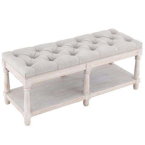 PRICES MAY VARY. FEATURE: This comfy wood bench adds seating and shoe storage space to your entryway. High-density sponge upholstered cushion covered to provide optimum relaxation. Meanwhile, the entry bench surface is button-tufted to ensure an elegant appearance. STURDY STRUCTURE: Completely constructed of solid wood, this bedroom bench ensures its durability and rust proof. 4 chair felt pads under the legs prevent the floor from scratching. WIDE APPLICATION: As a storage bench, entry bench, f Foyer Bench, Storage Benches, Farmhouse Entryway, Entryway Bench Storage, Fabric Bench, Entry Bench, Window Benches, End Of Bed Bench, Wood Rack