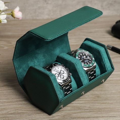 Hexagonal shape watch case, saffiano leather luxury travel watch holder Size: 2 watches case:140*95*85mm, 4 watches case:280*95*85mm, the pillow can hold watch wrist size from 6.5'' and up Material: Gennuine cow leather Watch Roll Case, Leather Watch Roll, Leather Watch Case, Watch Display Case, Leather Watch Box, Green Watch, Watch Roll, Watch Storage Box, Jewelry Organizer Storage