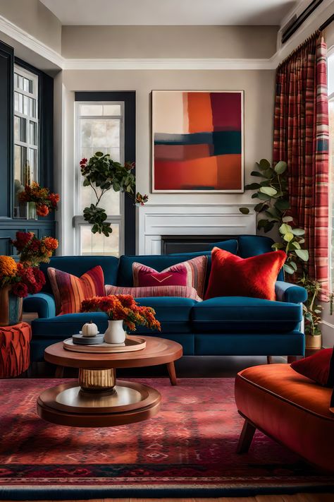 Blue And Orange Living Room, Blue Sofa Living, Blue Couch Living Room, Cabin Room, Cabin Living Room, Colourful Living Room Decor, Living Room Orange, Living Room Red, Cabin Living