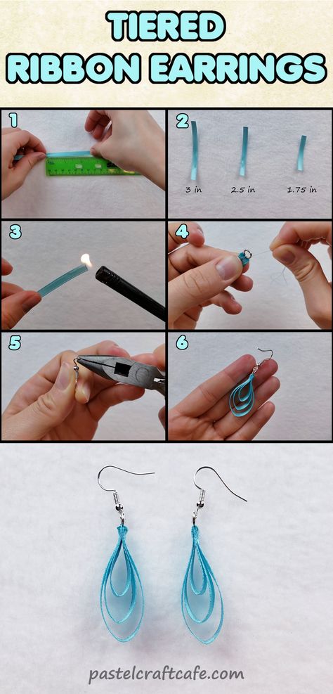 Steps to make tiered ribbon earrings Cute Diy Earrings Ideas Easy, Easy Earrings To Make And Sell, Diy Clip On Earrings How To Make, Earrings With Ribbon, Easy Earings Ideas, How To Make Homemade Earrings, Earrings Diy Handmade How To Make, Beaded Jewelry Sets Diy, Diy Earrings Easy How To Make