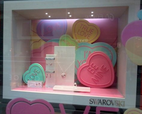 swarovski Pastel Window Display, Sweet Window Display, Candy Store Window Display, Valentines Visual Merchandising, Valentines Retail Display, Valentine Store Window Display, Valentines Shop Window Display, Valentine Display Ideas Retail, Candy Window Display