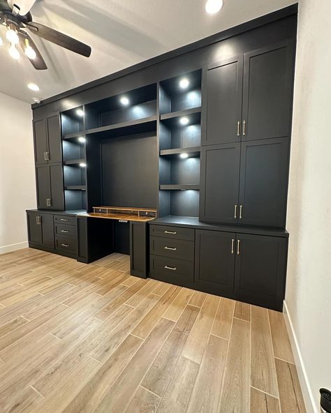 Office White Built Ins, Built In Bookcase With Desk Home Office, Black Built In Tv Wall Unit, Filing Cabinet Built In, Home Office With Closet Layout, Built In Storage With Desk, Built In Desk In Dining Room, Full Wall Storage Cabinets Built Ins, Built In Office Ideas