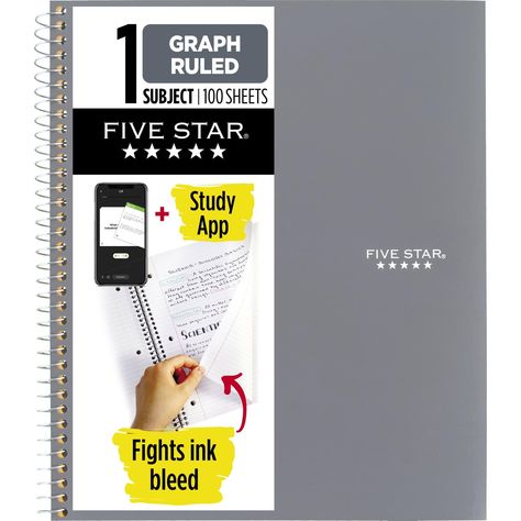 PRICES MAY VARY. LASTS ALL YEAR. GUARANTEED! Scan, study and organize your notes with the Five Star App. Create instant flashcards and sync your notes to Google Drive to access them anywhere from any device. 1 subject notebook has 100 double-sided, graph ruled sheets that fight ink bleed and are perforated for easy tear out. 4 squares per inch, ideal for graphing, charts and engineering projects. Sheets measure 8 1/2" x 11" when torn out. Tough pockets help prevent tears and hold 8 1/2" x 11" lo Five Star Notebook, Notebook Study, Graph Notebook, Ink Bleed, Ruled Paper, Engineering Projects, Ruled Notebook, Organization Help, Five Star