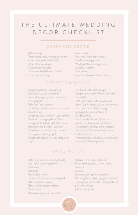 THE ULTIMATE WEDDING DECOR CHECKLIST Wedding Decor Checklist, Wedding Decoration Checklist, Ultimate Wedding Checklist, Decor Checklist, Wedding On A Budget, Wedding Planning Guide, Vow Book, Future Wedding Plans, Planning Checklist