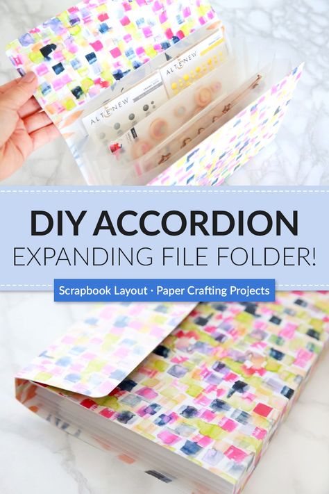 Do you want to stay organized? Try to make this DIY accordion expanding file folder! Visit mixedmedia.altenew.com for more project inspiration. #Altenew #scrapbook #scrapbooking #scrapbooklayout #papercrafting #papercrafts #crafting #papercrafting #paperlovers #arts #crafts #AltenewLayout #memorykeeping #DIYProjects Diy Accordion Folder, Diy Accordian File Folder, Diy Folders Organizer, Diy Paper Folder, File Folder Crafts, Diy Padfolio, Diy File Folders, Diy File Folder, Pocket Folder Diy