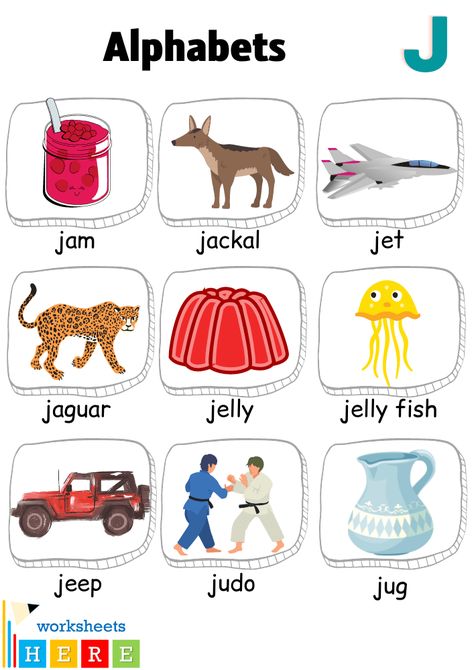 Alphabet J Words with Pictures, Letter J Vocabulary with Pictures - WorksheetsHere.com Alphabet Chart Printable, Letter A Words, J Alphabet, J Words, Picture Table, Words List, Alphabet Chart, Alphabet Words, Alphabet Charts