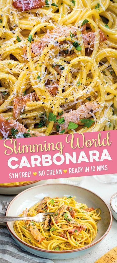 This Slimming World Carbonara is super easy, uses just a handful of ingredients and is completely SYN FREE! Let me guide you on how to make a creamy authentic Italian Carbonara recipe that, surprisingly, contains no cream. I guarantee it will be come one of your favourite quick meals – ready in just 10 minutes! #slimmingworldrecipes #carbonara Slow Cooker Recipes Shrimp, Carbonara Video, Italian Carbonara Recipe, Italian Carbonara, Carbonara Spaghetti, Slimmers World Recipes, Paleo Slow Cooker Recipes, Slow Cooker Pasta Recipes, Vegan Slow Cooker Recipes