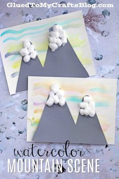 Watercolor Snowy Mountain Scene - Kid Craft Idea w/free printable template Mountain Crafts, January Art, Kindergarten Art Projects, Winter Art Projects, Snowy Mountain, Kid Craft, Aktivitas Montessori, Kindergarten Crafts, Winter Crafts For Kids