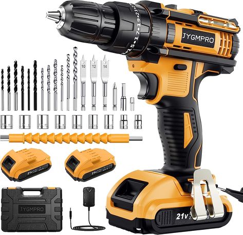 JYGMPRO Cordless Drill Driver 21V, Cordless Hammer Drill with 2 Batteries 2000mAh, 25+3 Torque, 42N.m Max Electric Drill, 30PCS Drill Bits, 2 Speed, LED Light for Home and Garden DIY Project Battery Drill, Cordless Hammer Drill, Drill Set, Electric Screwdriver, Old Bricks, Home Camera, Hammer Drill, Drilling Holes, Drill Driver