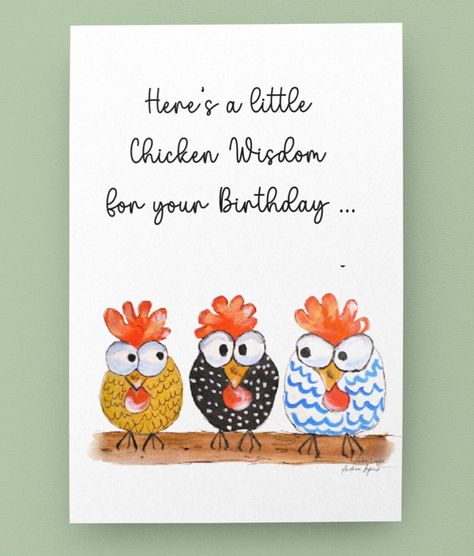 "Great birthday card for all those Chicken Lover, Chicken Mamas you know.  This original art card is my adaption from an art print I designed and also use for pillows, mugs, prints and more.   It is a funny spin on chickens and sure to be enjoyed.  Message me if you would like to see design on different items, i.e., mouse pads, phone cases, journals.  Each 8 pack comes with size-matching white envelopes for each card. .: One size: 4.25\" x 5.5'' (10.8 x 13.9 cm) .: Matte finish .: Eight Cards with matching white envelopes included." Chicken Birthday Wishes, Chicken Cards Handmade, Chicken Birthday Party Ideas, Chicken Birthday Cards, Chicken Art Funny, Chicken Greeting Cards, Chicken Birthday, Chicken Cards, Grandson Birthday Cards