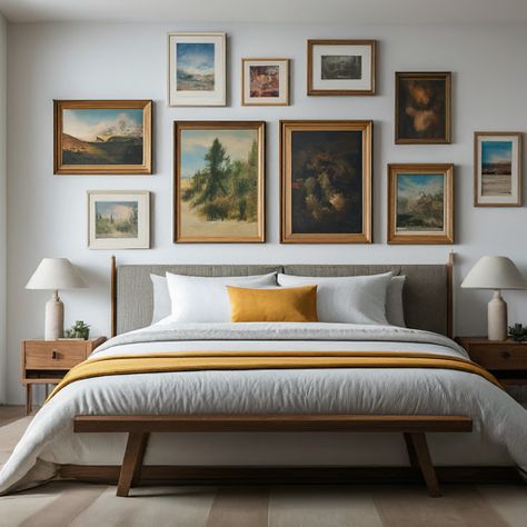 Looking for affordable ways to elevate your bedroom? Check out our list of 28 stunning above-bed decor ideas that won't break the bank. #bedroomdecor
#bedroomdesign
#homedecor
#interiordecor
#interiorstyling
#bedroominspo
#bedroomideas Photo Wall Above Bed, Gallery Wall Over Bed, Above Bed Decor Ideas, Above Headboard Decor, Frames Above Bed, Above Bed Ideas, Painting Above Bed, Brown Bedroom Decor, Bedroom Wall Decor Above Bed