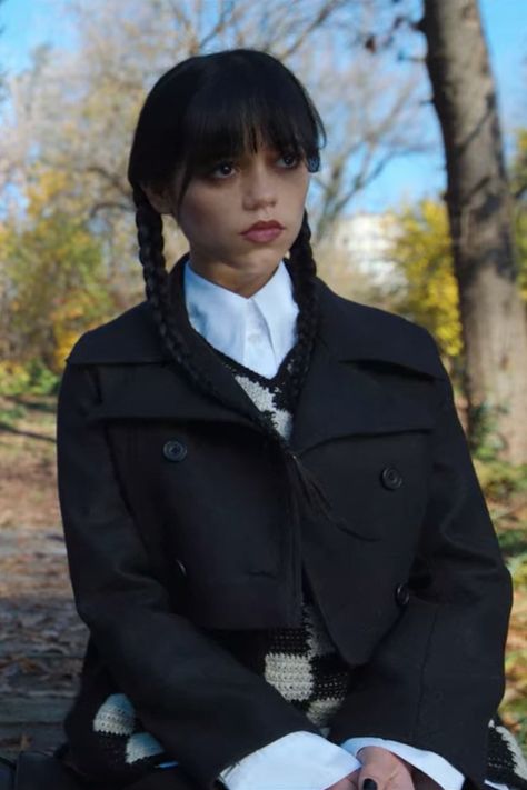 Netflix 'Wednesday': Where to Get Wednesday Addams' Outfits Wednesday Addams Outfit, Cop Outfit, Captain America Jacket, Wednesday Outfit, Black Cropped Jacket, Tule Rok, Shearling Jacket Women, The Addams Family, Cropped Coat