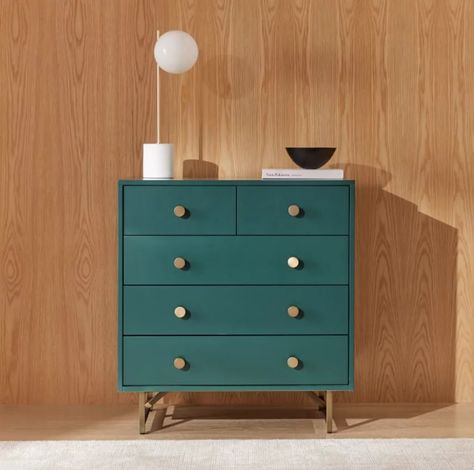 A Colorful Dresser: West Elm Modern Matte Wood & Brass 5-Drawer Dresser Teal Dresser, Best Dresser, Juniper Green, Colorful Dresser, Contemporary Dresser, 5 Drawer Dresser, 7 Drawer Dresser, Wood Dresser, Modern Dresser