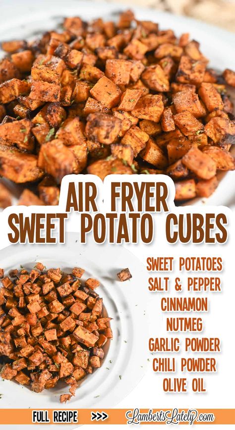 This recipe for Air Fryer Sweet Potato Cubes is the perfect way to add a delicious, nutritious side dish to your next meal. Just chop, toss in a savory spice blend, and cook to golden brown perfection! Sweet Potato Cubes, Roasted Sweet Potato Cubes, Sweet Potato Bites, Potato Cubes, Recipe For Air Fryer, Savory Spice, Sweet Potato Recipes Healthy, Sweet Potatoe Bites, Cubed Sweet Potatoes