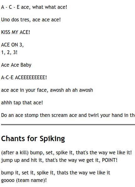 Volleyball cheers Notes For Volleyball Players, Good Volleyball Chants, Ace Volleyball Cheers, Ace Cheers Volleyball, Fun Volleyball Chants, Good Volleyball Cheers, Volley Ball Cheers, Volleyball Chants For Ace, Volleyball Kill Cheers