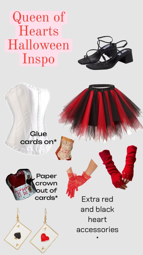 Queen Of Clubs Costume, The Red Queen Costume, Queen Of Hearts Cosplay Diy, Queen Of Hearts Halloween Costume Diy, Queen Of Hearts Aesthetic Outfits, Queen Of Hearts Costume College, Halloween Costumes Queen Of Hearts, Queen Of Hearts Inspired Outfits, Queen Of Hearts Costume Diy