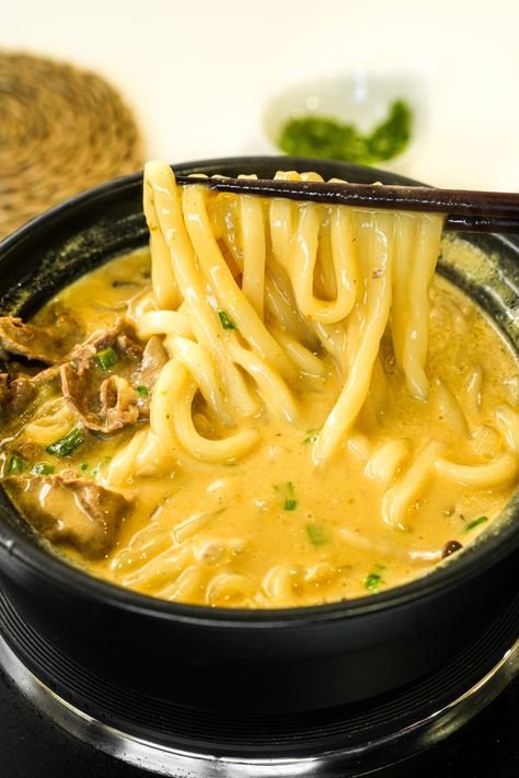 Japanese Udon Noodle Recipe Soup, Japanese Noodle Soup Recipes, Creamy Udon Noodle Recipe, Curry Udon Recipe, Udon Noodle Recipe Soup, Creamy Udon, Curry Udon Noodles, Beef Yaki Udon, Japanese Curry Udon