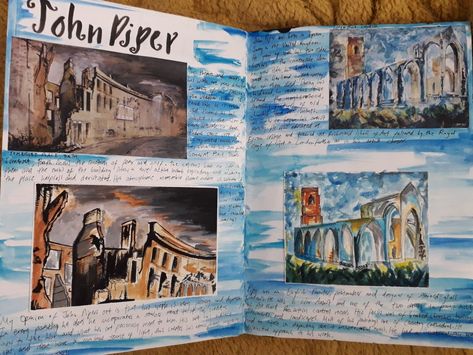 John Piper~GCSE art John Piper Artist Research Page, Places And Spaces Gcse Artists, Old And New Art Gcse, Places And Spaces Gcse Art Sketchbook, Space Gcse Art, Spaces And Places Art Gcse, Places And Spaces Gcse Art, John Piper Artist, Artist Research Page