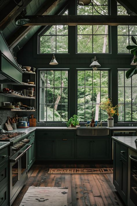 Indulge in the captivating allure of a forest green-themed kitchen, exuding moody vibes. Embrace the rich tones and rustic accents for a cozy culinary haven. 🌿✨ #ForestGreen #MoodyKitchen #HomeInspiration Forest Kitchen Theme, Dark Green Kitchen Walls, Fun Interior Design, Forest Kitchen, Green Kitchen Walls, Colourful Interiors, Arts And Crafts Kitchen, Moody Kitchen, Moody Forest