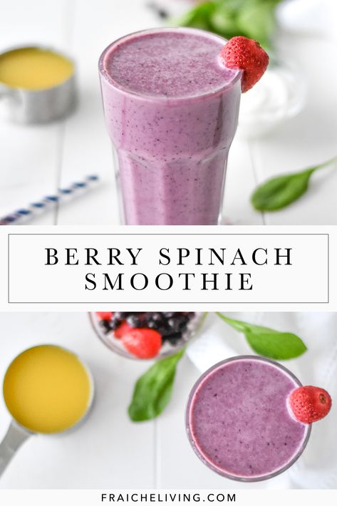 Morning Spinach Smoothie, Fruit Smoothie With Spinach Recipes, Fruit Smoothie With Spinach, Spinach Fruit Smoothie Recipes, Berry Spinach Protein Smoothie, Green Berry Smoothie Recipes, Berries And Spinach Smoothie, Smoothie Berry Recipe, Spinach And Berry Smoothie