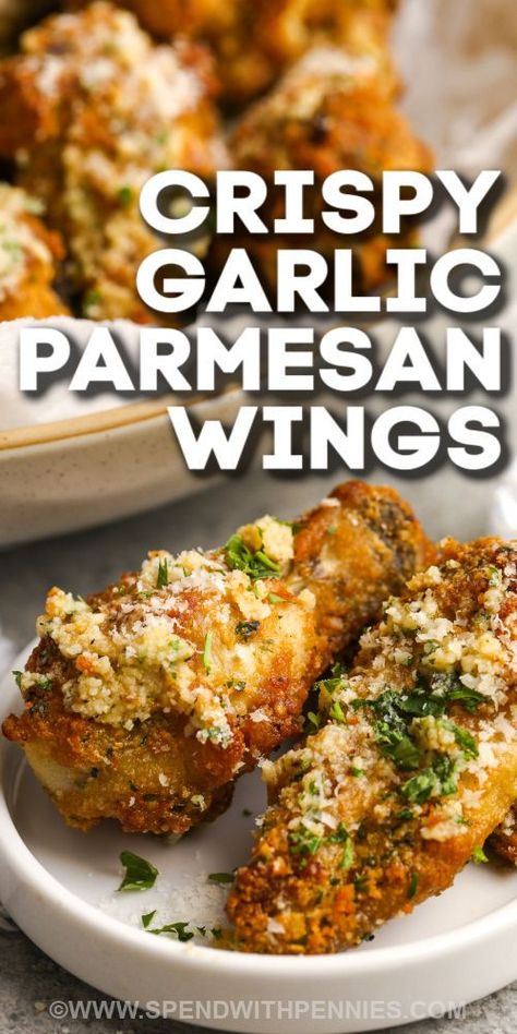 Oven Baked Garlic Parmesan Chicken Wings, Garlic Parmesan Wings Sauce, Parmesan Garlic Wing Sauce, Garlic Parmesan Wings Air Fryer, Wings Recipe Oven, Chicken Wings Recipe Oven, Parmesan Wings Recipe, Breaded Chicken Wings, Wings Recipe Baked