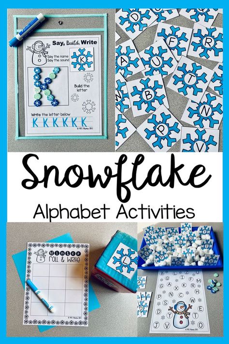 Preschool Winter Name Activities, Winter Phonics Activities Preschool, Snowflake Alphabet Letters, Snowflake Writing Activity, Snowflake Theme Preschool, Winter Alphabet Activities, Winter Letter Activities Preschool, Winter Literacy Activities Preschool, Snowflake Activities For Preschool