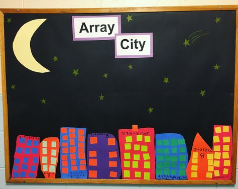 Array city bulletin board Array City, Array Math, Montessori Crafts, Multiplication Arrays, Teaching Displays, Remote Teaching, Teaching Multiplication, Class Displays, Teaching Third Grade