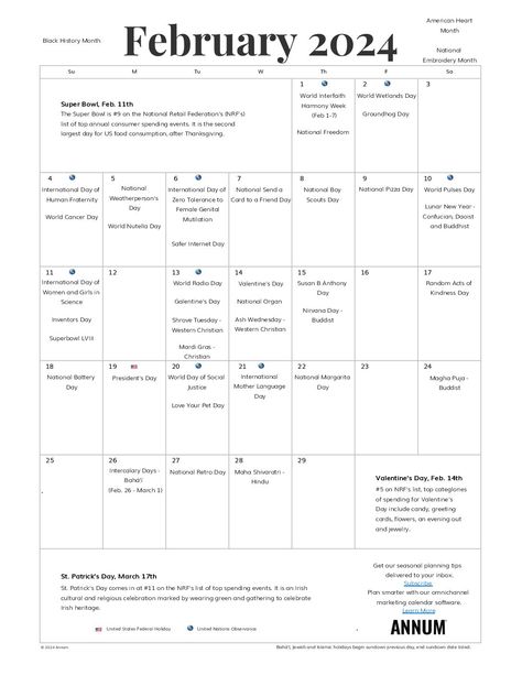 Download a printable February 2024 calendar of popular holidays and occasions with insights into the top consumer spending events of February. National Holiday Calendar, Printable December Calendar, World Wetlands Day, 2024 Printable Calendar, American Heart Month, Calendar With Holidays, February Holidays, National Day Calendar, Heart Month