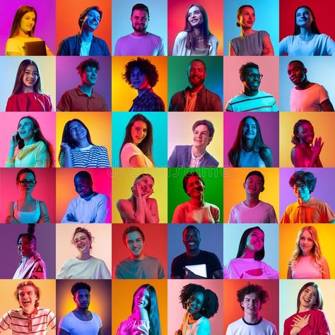 Collage of large group of ethnically diverse smiling people, men and women expressing cheerful emotions over neon royalty free stock photography Large Group Photo Ideas, Cheerful Photography, Large Group Photography, Fun Group Photos, Large Group Photos, Neon Photo, Neon Stock, Instagram Grid Design, Colour Study