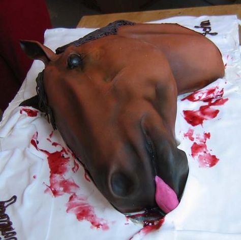 The Godfather "Horse Head" Cake. This is kind of disturbing. Godfather Cake, Jello Shot Cake, Horse Head Cake, Mafia Theme Party, The Godfather Wallpaper, Mafia Party, Gangster Party, Godfather Movie, 40th Cake