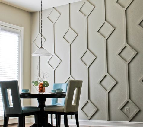 DIY Diamond Wall Architectural Feature Final Accent Wall In Kitchen, Accent Wall Designs, Diamond Wall, Accent Walls In Living Room, Wall Molding, False Ceiling Design, Textured Wall, Wainscoting, Wall Treatments