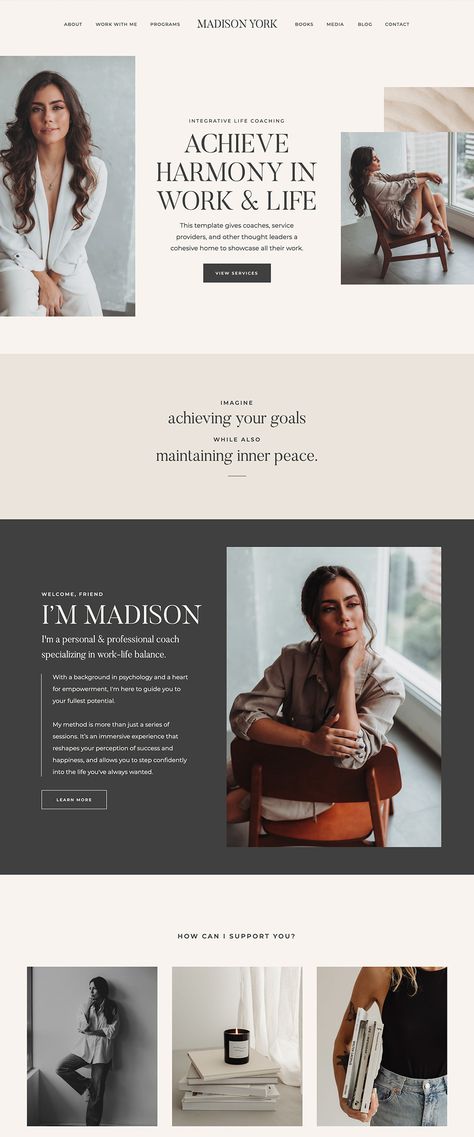 Madison York is a Showit Website Template strategically crafted for coaches, course creators, and authors who want to elevate their online presence with style and confidence. This warm, inviting, and modern design invites visitors to explore and connect, with dedicated pages for Services, Programs, Books, and Media. Course Book Design, Sophisticated Website Design Inspiration, Website Templates Design, Simple Modern Website Design, Luxury Website Template, Website Main Page Design, Website Inspo Aesthetic, Website Layout Design Inspiration, Aesthetic Web Design