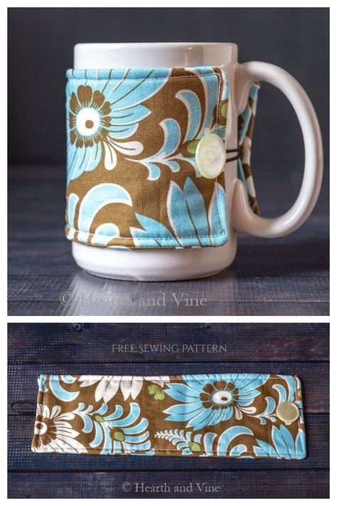 Coffee Mug Warmer Free Pattern, Quilted Mug Cozy Pattern Free, Mug Warmer Fabric, Coffee Mug Cozy Sewing, Mug Gift Wrapping Ideas Easy Diy, Mug Cosy Sewing Pattern, Tea Sewing Projects, Sewing Items To Sell, Easy Things To Sew And Sell