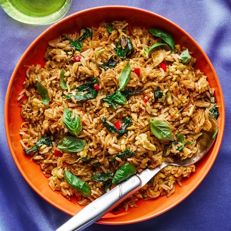 Basil Fried Rice Recipe | Bon Appétit Basil Fried Rice, Parsnip Puree, Satisfying Meals, Cherry Tomato Pasta, Quick Stir Fry, Arroz Frito, Feta Pasta, Fried Rice Recipe, Potatoe Salad Recipe