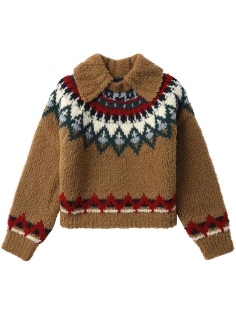 camel brown/multicolour wool blend knitted construction patterned intarsia knit classic collar long sleeves straight hem Intarsia Knitting, Intarsia Sweater, Knitwear Inspiration, Digital Closet, City Dress, Airport Fashion, Summer Beach Wear, Knitwear Cardigan, Knit Jumper