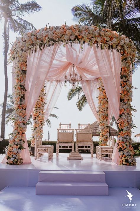 A Flamboyant Goa Wedding With Sunset Pheras & A Rain Dance Bash Hindu Wedding Decorations, Indian Wedding Theme, Mandap Design, Goa Wedding, Wedding Setup, Wedding Hall Decorations, Wedding Stage Decor, Wedding Entrance Decor, Wedding Stage Design