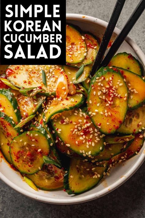 Simple & Spicy Korean Cucumber Salad — Zestful Kitchen Cucumber Korean Side Dish, Spicy Korean Cucumber Salad, Korean Cucumber Salad Recipe, Cucumber Korean, Pork Tenderloin Side Dishes, Korean Cucumber Side Dish, Spicy Korean Cucumber, Pork Tenderloin Sides, Spicy Fruit