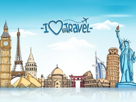 Travel and Tourism Background with Famous World Landmarks in 3d Realistic and Sketch Drawing Elements. Travel Around The World Drawing, Tourism Drawing, Tourism Illustration, Tourism Background, Scribble Drawings, Drawing Elements, Drawing Topics, World Landmarks, Bus Design