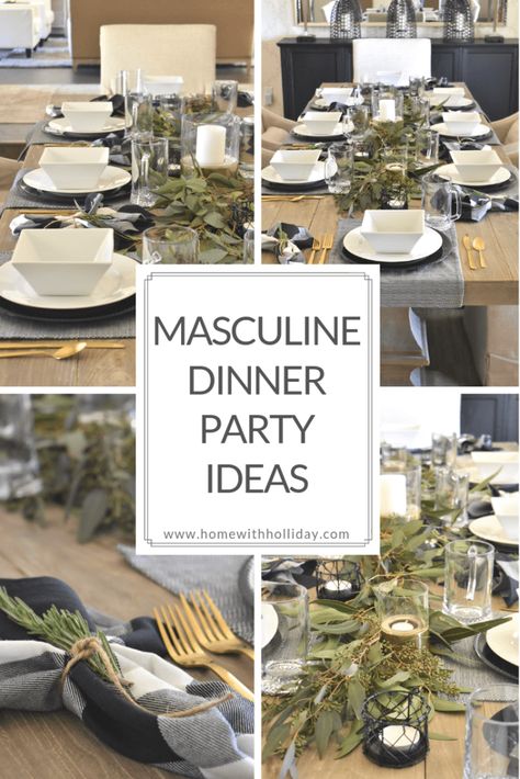 Masculine Dinner Party Ideas - Home with Holliday Mens Dinner Table Decor, Mens 70th Birthday Centerpieces, Simple Party Decorations For Men, 30th Table Decorations For Men, Men’s Birthday Dinner Decor, Masculine Dinner Party Decor, Dinner Party Table Centerpieces, Masculine Centerpieces Party, Men’s Dinner Party Decor