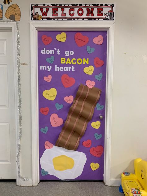 Dont Go Bacon My Heart Classroom Door, Valentines Door Decor, Valentines Door Decorations Classroom, Dont Go Bacon My Heart, Valentines Door, Valentine Door Decorations, Spring Bulletin, Daycare Room, Spring Bulletin Boards