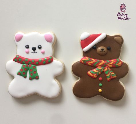 Christmas bears! Brown bear and polar bear. Christmas cookies! #christmascookies #customcookies #decoratedcookies #cookiesart #decoratedsugarcookies #homemadecookies #edibleart #customizedsugarcookies #customizedcookies https://m.fa cebook.com/thebakingmonster/ Christmas Bear Cookies Decorated, Christmas Bear Cookies, Bear Cookies Decorated, Bear Sugar Cookies, Painted Sugar Cookies, Gingerbread Design, Biscuit Decoration, Christmas Bears, Teddy Bear Cookies