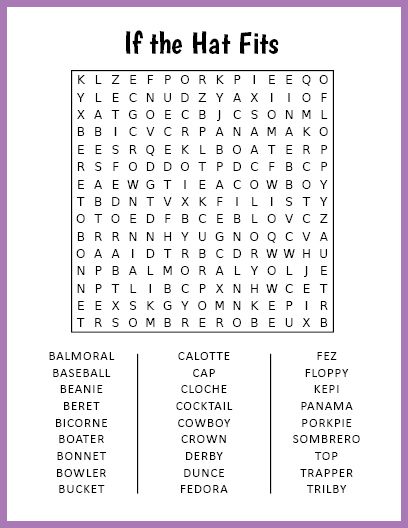 Free printable large-print word search featuirng 24 different types of hats. Large Print Word Search Printable, Large Print Word Searches For Seniors, Large Print Word Search, Word Search Puzzles Printables, Free Printable Word Searches, Senior Games, Word Search Printables, Word Puzzle, Types Of Hats