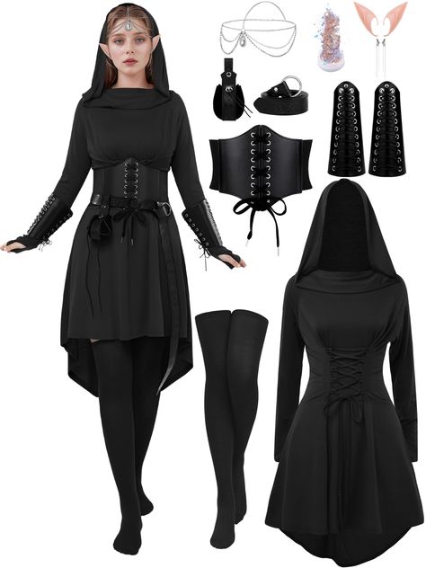 PRICES MAY VARY. Complete Medieval Costume Set: This women renaissance costume set includes what you need for an authentic medieval look: 1 renaissance dress, 1 elastic waist belt, 1 leather belt, 1 pair of leather gloves, 1 leather pouch, 1 pair of stockings,2 elf ears, 1 elf headpiece, 2 earrings, and 1 box of face glitter. With 10 items in total, it's great for costume parties and role-playing events. High-quality Materials for Comfort: Our women elf costume is made primarily from polyester a Elf Headpiece, Elf Accessories, Fairy Costumes, Face Glitter, Elf Costume, Elf Ears, Medieval Costume, Role Playing, Elf