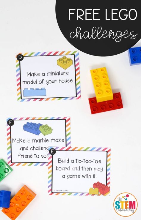 This giant collection of LEGO challenge cards is a simple prep, fun way to sneak some STEM (science, technology, engineering and math) learning into the day. With cards that range from easy to difficult, little engineers will love tackling the designs. Grab your copy below and then hop over to join The Plato Pack so you can download ALL […] Lego Challenge Cards, Lego Stem Challenge, Lego Stem, Math Stem Activities, Lego Engineering, Lego Therapy, Stem Activities Kindergarten, Stem Bins, Stem Boxes