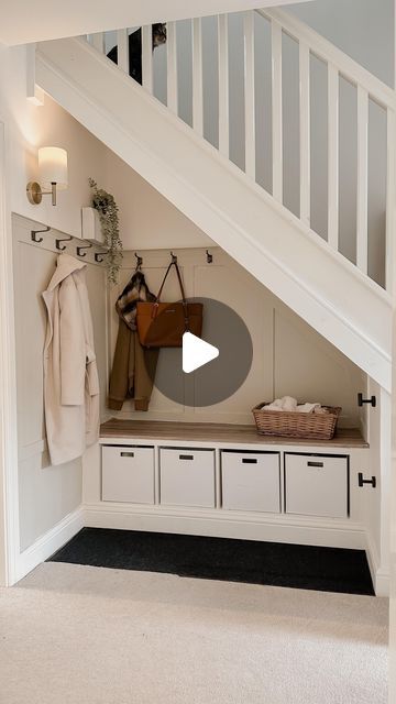 Ikea Shoe Storage, Kallax Unit, Stairs And Hallway Ideas, Room Under Stairs, Ikea Kallax Unit, Hallway Shoe Storage, Shoe Storage Box, Black Hooks, Staircase Storage