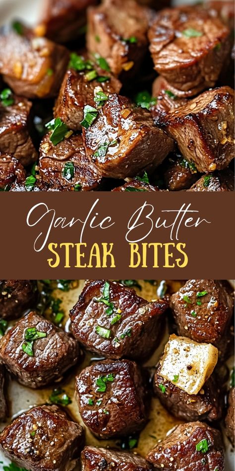 Garlic Butter Steak Bites  Ingredients:  1 lb sirloin steak, cut into 1-inch cubes 2 tablespoons olive oil 4 tablespoons unsalted butter 5 cloves garlic, minced 1 tablespoon fresh rosemary, chopped 1 tablespoon fresh thyme, chopped Salt and pepper to taste Fresh parsley, chopped (for garnish)  #Garlic #Butter #Steak #Bites Steak Bites And Rice Recipes, Steak Bites With Gnocchi, The Country Cook Slow Cooker Garlic Butter Steak Bites, Savory Steak Recipes, Truffle Butter Steak, Easy Garlic Steak Bites, Ribeye Steak Bites Recipe, Garlic Butter Steak Bites With Stew Meat, Sirloin Tender Steak Recipes Pan