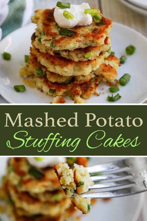 A delicious recipe for Mashed Potato Stuffing Cakes with mashed potatoes, stuffing and even turkey. Perfect for Thanksgiving leftovers, or Christmas dinner leftovers. #potatoes #stuffing #turkey #leftover Stuffing Cakes, Mashed Potato Stuffing, Leftover Stuffing Recipes, Stuffing Leftovers, Stuffing Turkey, Stuffed Mashed Potatoes, Yummy Potatoes, Potato Stuffing, Mashed Potato Cakes