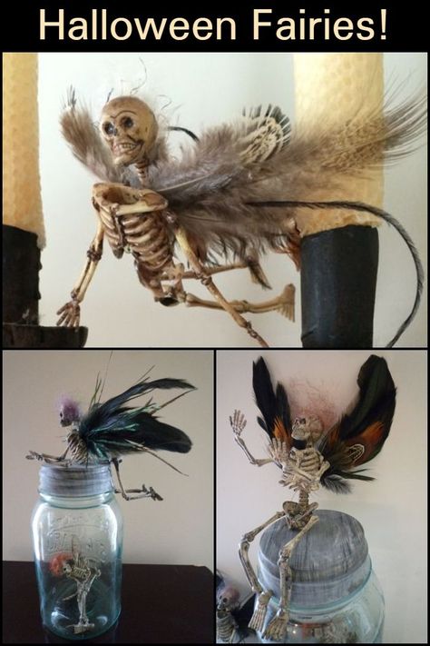 Create a different kind of fairy with your kids this Halloween season. These Halloween fairies are made of skeletons! Skeleton Fairy In A Jar, Diy Skeleton Fairies, Dollar Tree Skeleton Fairy, Fairy Halloween Decorations, Halloween Kids Room Decor, Skeleton Fairy Diy, Scary Fairies, Skeleton Fairies, Skeleton Crafts